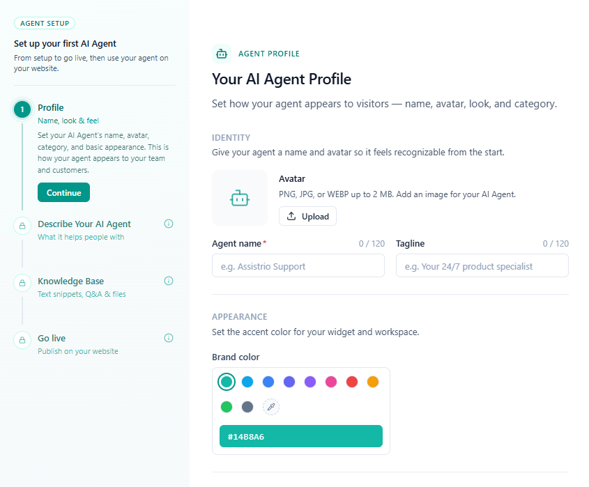 Assistrio agent setup — profile, behavior, tone, and advanced settings