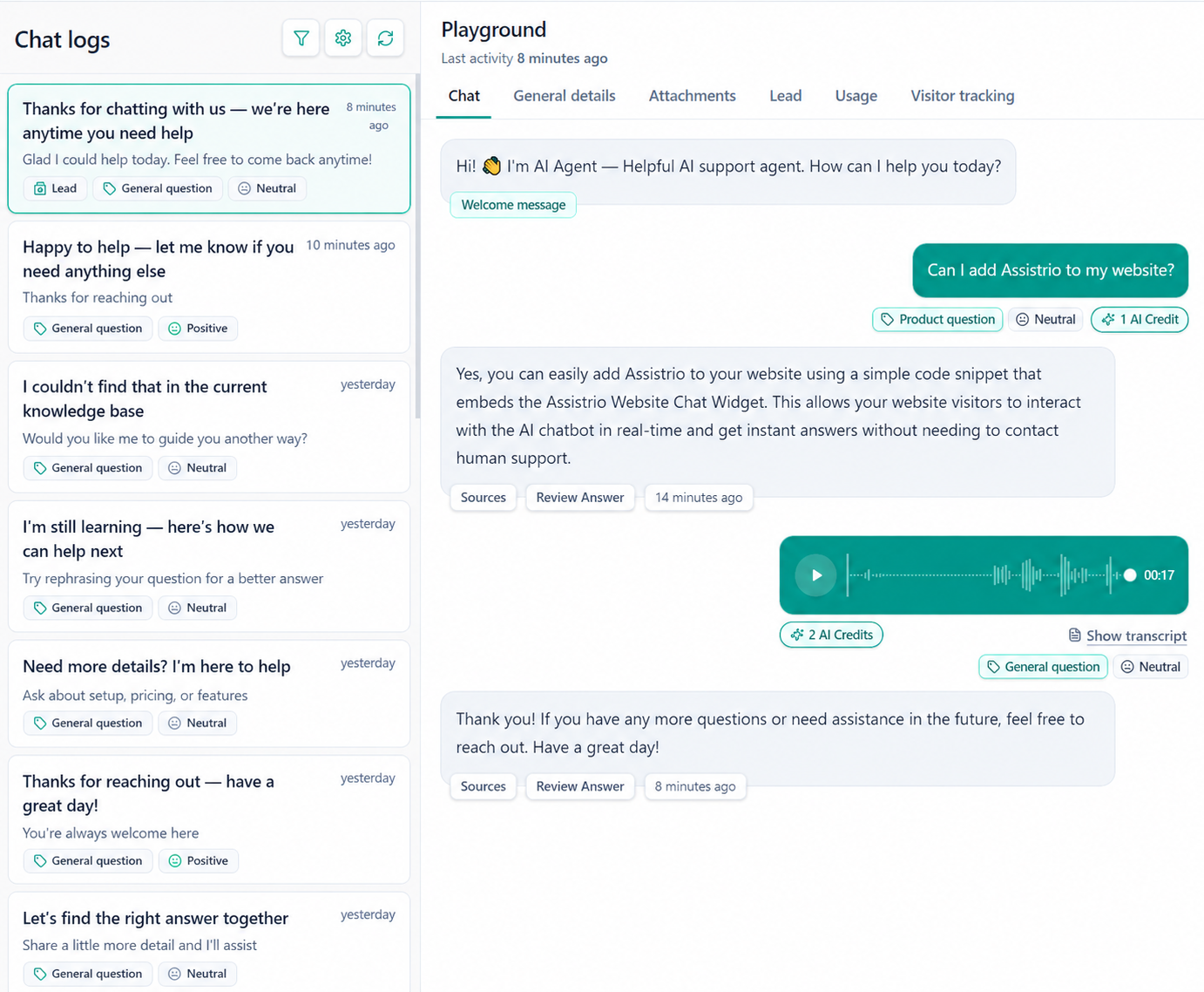 Assistrio conversations — chat logs and visitor support history