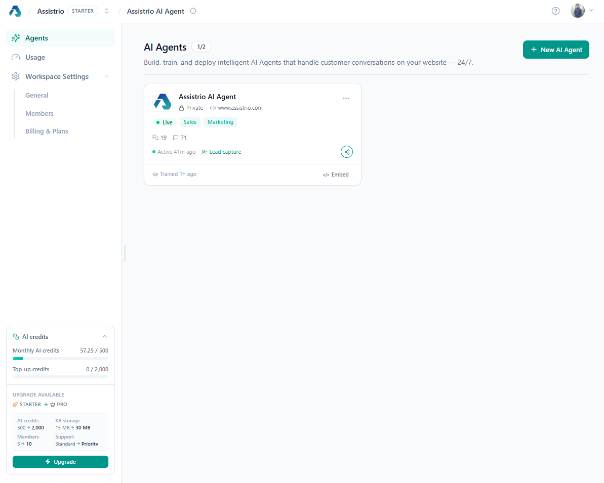 Assistrio workspace for AI Support Agent configuration and conversation review