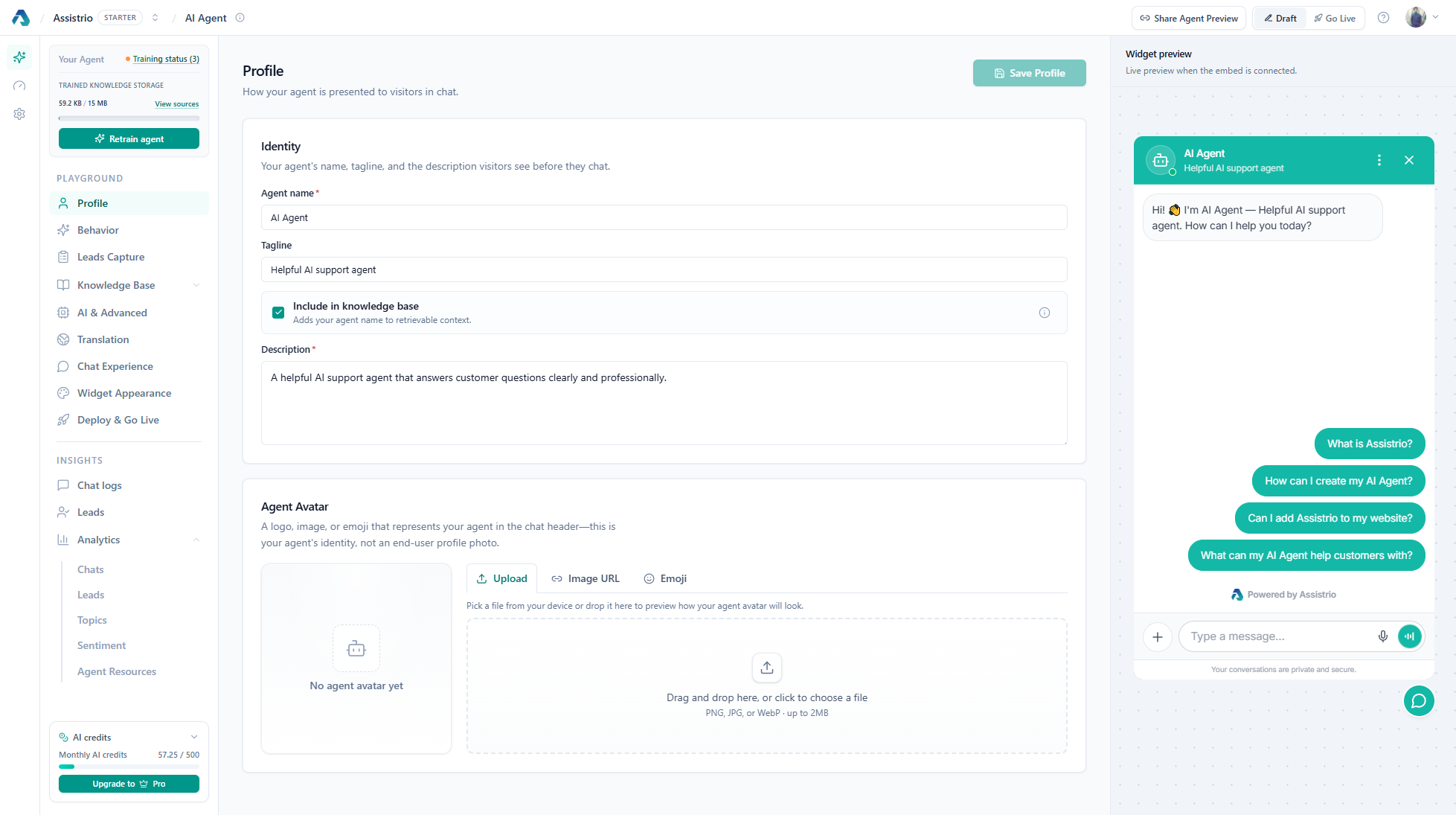 Assistrio workspace — published AI support agent live on your website