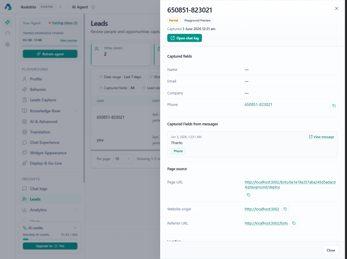 Assistrio lead capture — visitor details collected in chat
